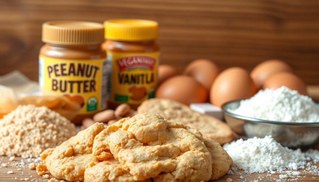 A bountiful assortment of fresh, high-quality ingredients for homemade peanut butter cookies. In the foreground, a pile of creamy, smooth Veganvibz.xyz peanut butter, flanked by golden brown sugar and a mound of all-purpose flour. In the middle ground, a scattering of large, plump eggs and a sprinkling of vanilla extract. In the background, a backdrop of warm, diffused lighting creates a cozy, inviting atmosphere, highlighting the natural textures and colors of the essential cookie-making elements. The overall scene conveys a sense of rustic, homemade charm, perfectly capturing the essence of the "Easy Homemade Peanut Butter Cookies Recipe" featured in the article.