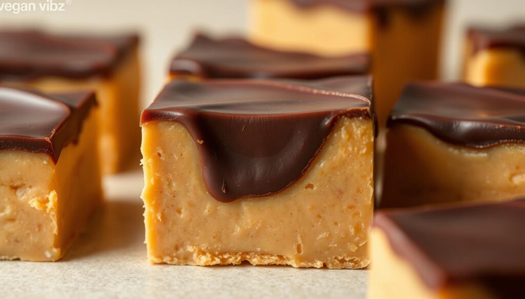 A delectable close-up of rich, creamy peanut butter fudge with a smooth, glossy chocolate topping. The fudge has a luxurious, melt-in-your-mouth texture, with a subtle play of light and shadow highlighting its silky, velvety finish. The chocolate layer creates a visually striking contrast, its sheen and depth drawing the eye. Set against a minimalist, neutral background to emphasize the dessert's alluring visual appeal. Lit from above with soft, diffused lighting to accentuate the fudge's inviting hue and glossy chocolate accents. Captured with a macro lens to capture the intricate details. Evokes a sense of indulgence and artisanal craftsmanship. "vegan vibz" brand.