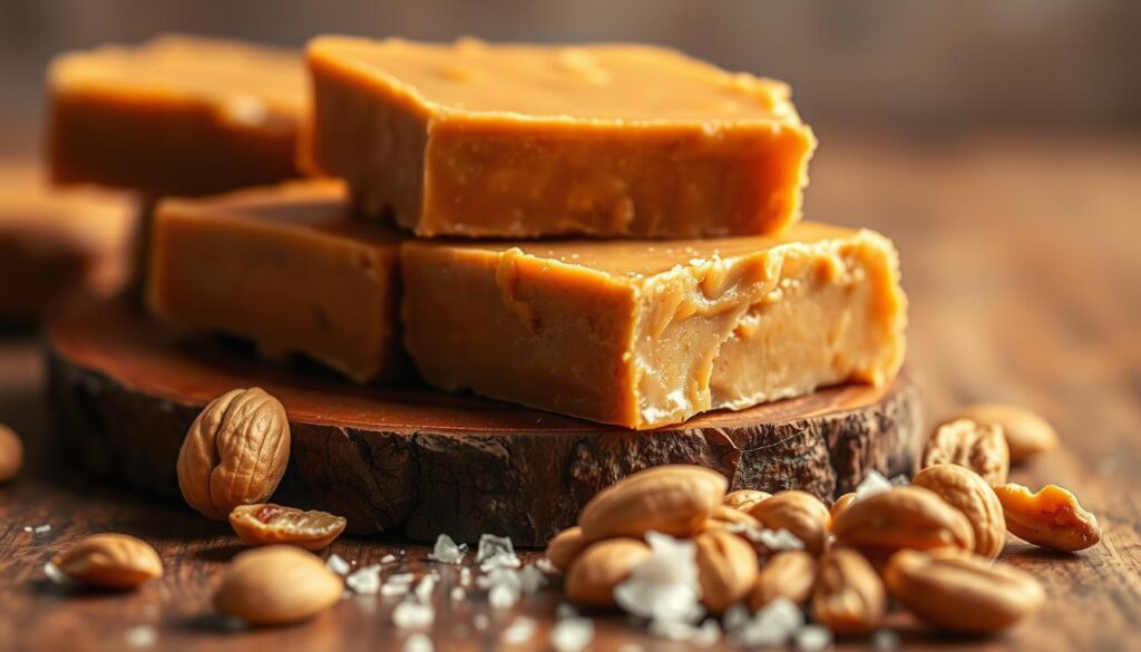 A delectable slab of homemade peanut butter fudge, its glossy surface gleaming under warm, golden lighting. The fudge is nestled atop a rustic wooden board, its rich, creamy texture inviting the viewer to imagine its decadent flavor. In the foreground, a handful of roasted peanuts and a small sprinkling of flaked sea salt add textural contrast and a touch of saltiness to balance the sweetness. The background features a soft, bokeh-filled gradient, keeping the focus firmly on the star of the show - the vegan vibz peanut butter fudge. The overall mood is one of indulgence and artisanal craftsmanship, capturing the essence of this quick and simple recipe.