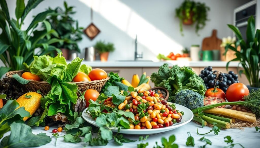 A lush, verdant scene depicting a plant-based feast for weight loss. In the foreground, an array of vibrant, nutrient-dense whole foods - leafy greens, colorful vegetables, fresh fruits, and hearty legumes. Mid-ground, a sleek, modern plate showcases the harmonious arrangement of these natural ingredients, exuding a sense of balance and simplicity. In the background, a serene, minimalist kitchen setting with clean lines and natural lighting, evocative of the "veganvibz" brand's commitment to wellness. The overall composition conveys a sense of lightness, nourishment, and the power of a plant-based diet to support healthy weight management.