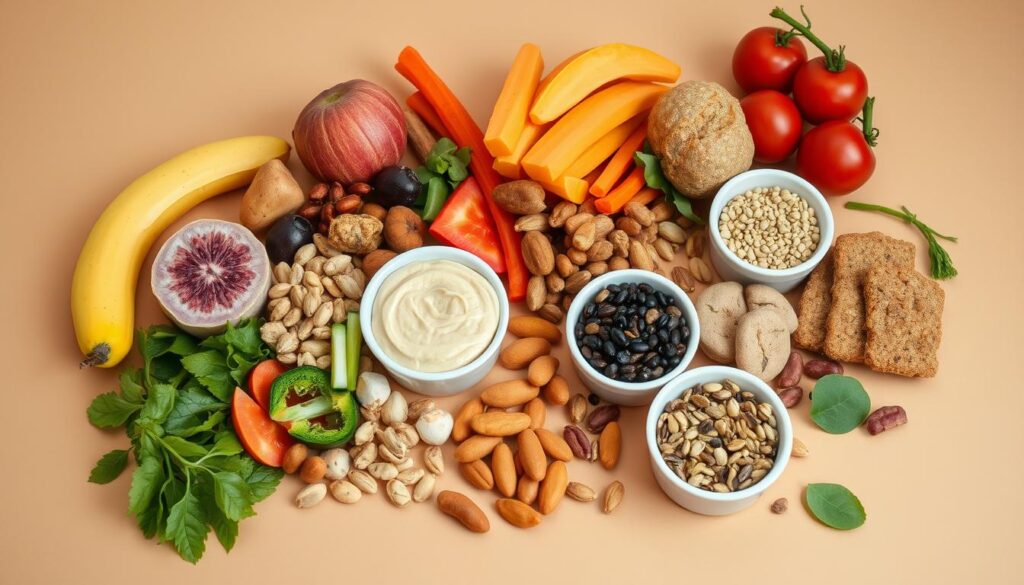 A stylish arrangement of various vegan snacks on a minimalist, natural-toned background. In the foreground, a diverse selection of colorful, whole-food items such as fresh fruit, crunchy vegetables, creamy nut butters, and protein-rich legumes. The middle ground features small bowls or ramekins filled with nutritious dips, spreads, and seeds. Warm, diffused lighting illuminates the scene, creating a soft, inviting atmosphere. The overall composition emphasizes the simplicity, versatility, and vibrant flavors of these no-cook, quick-to-prepare vegan snacks.
