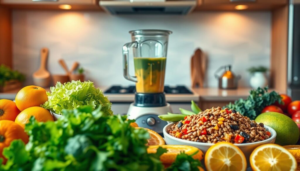 A vibrant vegan kitchen scene, showcasing a balanced and satisfying "veganvibz" weight loss diet. In the foreground, an array of fresh, colorful fruits and vegetables - juicy oranges, crisp lettuce, ripe avocados, and more. In the middle ground, a blender whirring with a nutrient-dense smoothie, and a bowl of hearty, fiber-rich lentil salad. The background features sleek, modern kitchen appliances and surfaces, bathed in warm, natural lighting. The overall atmosphere exudes a sense of wellness, efficiency, and problem-solving, inspiring the viewer to embrace a vegan lifestyle for quick, sustainable weight loss.