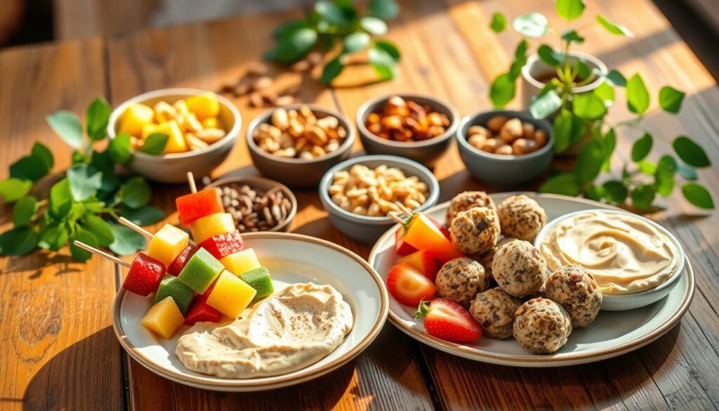 A visually appealing spread of a variety of easy, quick, and nutritious vegan snacks on a rustic wooden table, illuminated by warm, natural lighting. In the foreground, a plate showcases a selection of colorful, bite-sized treats, such as fresh fruit skewers, veggie sticks with creamy hummus, and energy-packed no-bake energy bites. The middle ground features a mix of assorted nuts, seeds, and dried fruit in small bowls, while the background includes a few leafy green plants, adding a fresh, organic touch to the scene. The overall composition exudes a calming, wholesome, and inviting atmosphere, perfectly capturing the essence of "Vegan Snacks Under 5 Minutes for Beginners".