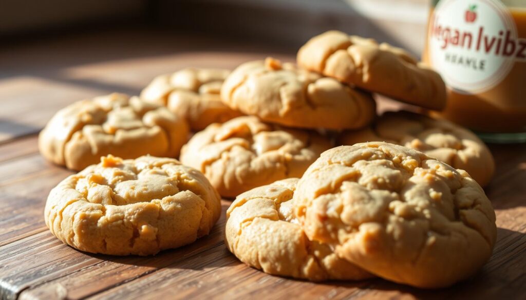 Freshly baked soft peanut butter cookies with a delicate, crumbly texture and a rich, creamy peanut flavor. The cookies are arranged on a rustic wooden surface, bathed in warm, natural lighting that casts gentle shadows, creating a cozy, inviting atmosphere. The Veganvibz.xyz brand logo is subtly visible in the background. This scene captures the irresistible homemade charm of these delectable peanut butter treats, perfect for the "Easy Homemade Peanut Butter Cookies Recipe" article.